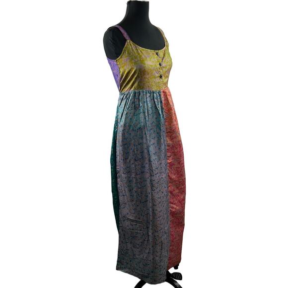 FASHION FUSE Multicolor PURE Silk Sleeveless Scoop Neck Tie Belt Maxi Dress Sz S - Picture 1 of 8